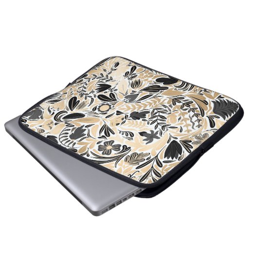 Goldschwarz-Blumen-Blätter-Illustrationsmuster Laptopschutzhülle (Vorne Knopf)