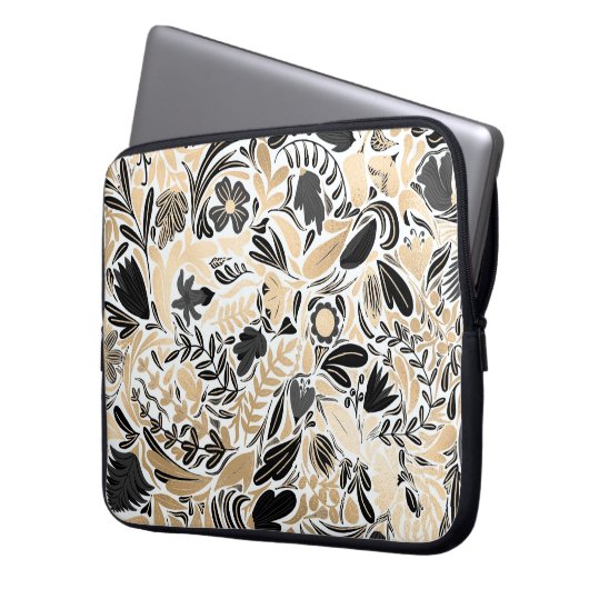 Goldschwarz-Blumen-Blätter-Illustrationsmuster Laptopschutzhülle (Vorderseite Links)
