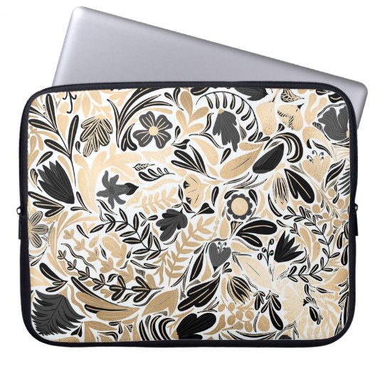 Goldschwarz-Blumen-Blätter-Illustrationsmuster Laptopschutzhülle (Vorderseite)