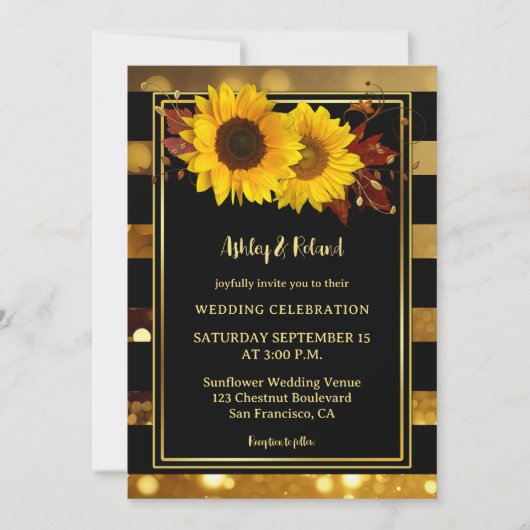 Goldschwarz gestreifte Sonnenblumenhochzeit Einladung (Vorderseite)