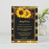 Goldschwarz gestreifte Sonnenblumenhochzeit Einladung (Stehend Vorderseite)