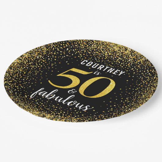 Goldschwarz personalisiert 50 und fabelhaftes, fei pappteller (Schrägansicht)