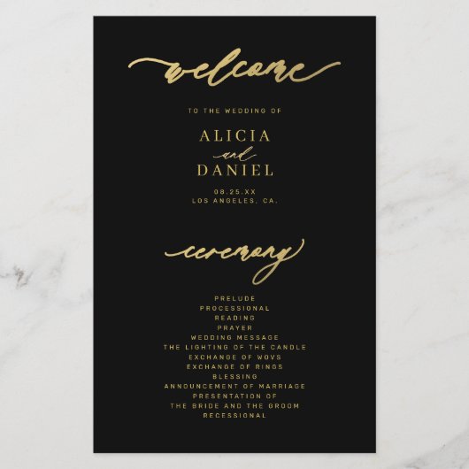 Goldschwarz, schlichtes, elegantes Hochzeitsprogra (Vorderseite)