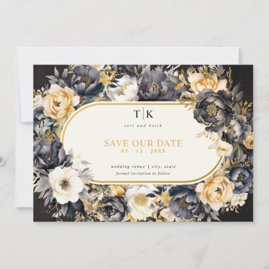 Goldschwarz-weiße Moody-Hochzeit Save The Date (Vorderseite)