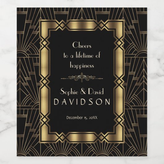 Goldschwarze Art Deco Gatsby im Stil der 20er Jahr Weinetikett (Einzelnes Label)