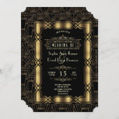 Goldschwarze Art Deco-Hochzeit der 20er Jahre Einladung (Vorne/Hinten)