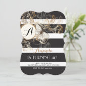 Goldschwarze Blumenstreifen-Geburtstags-Party Einladung (Stehend Vorderseite)