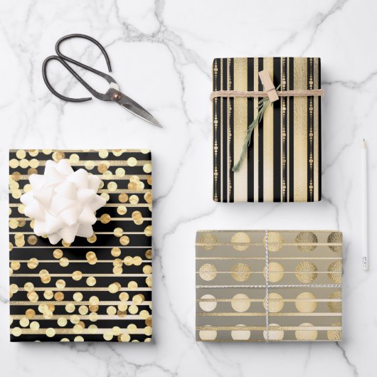 Goldschwarze Konfetti-Streifen elegantes formales Geschenkpapier Set (Vorderseite)