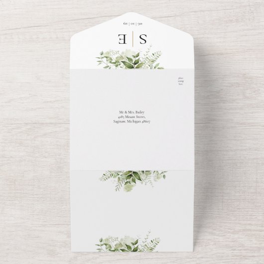 Goldschwarze Monogram QR Code Grüne Hochzeit All In One Einladung (Außenbereich)