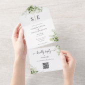 Goldschwarze Monogram QR Code Grüne Hochzeit All In One Einladung (Abreißen)