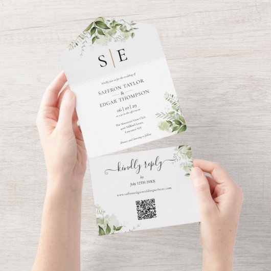 Goldschwarze Monogram QR Code Grüne Hochzeit All In One Einladung (Abreißen)