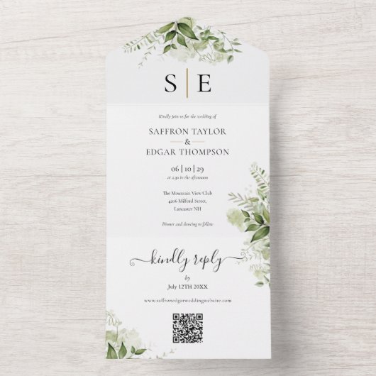 Goldschwarze Monogram QR Code Grüne Hochzeit All In One Einladung (Innen Boden)