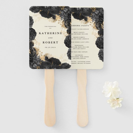 Goldschwarze Rose Hochzeitsprogramm Fächer (Vorne und Hinten)