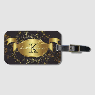Goldschwarzer Blumenmonogramm-Name personalisiert Gepäckanhänger
