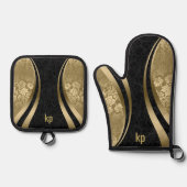 Goldschwarzer Damaskus-Dynamische Linien Ofenhandschuh & Topflappen-Set (Vorderseite)