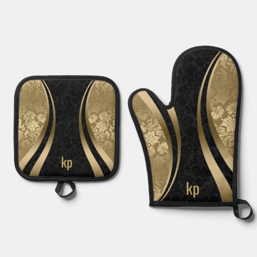 Goldschwarzer Damaskus-Dynamische Linien Ofenhandschuh & Topflappen-Set (Vorderseite)