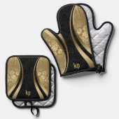 Goldschwarzer Damaskus-Dynamische Linien Ofenhandschuh & Topflappen-Set (Vorderseite/Rückseite)