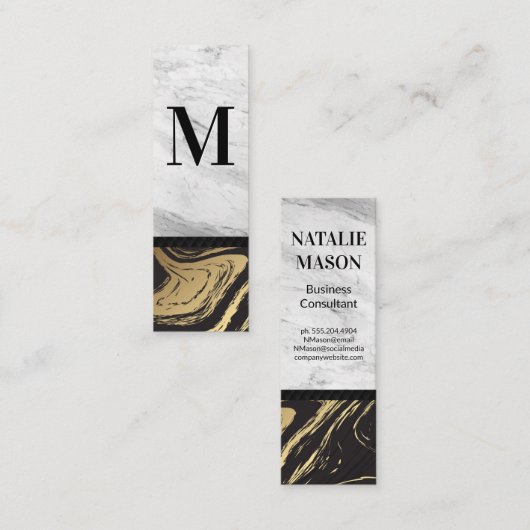 Goldschwarzer Marmor | Monogramm aus weißem Marmor Mini Visitenkarte (Vorne/Hinten)