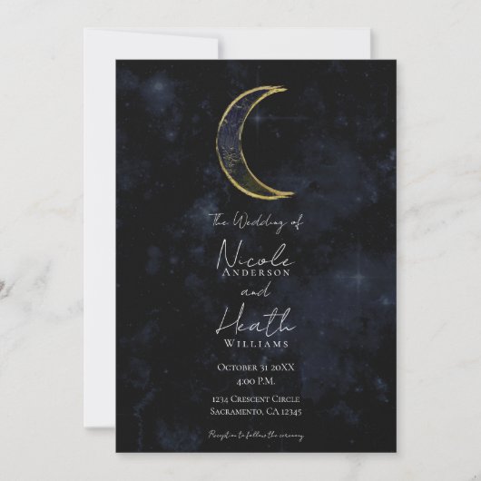 Goldschwarzer Mond Celestial Night Starry Wedding Einladung (Vorderseite)