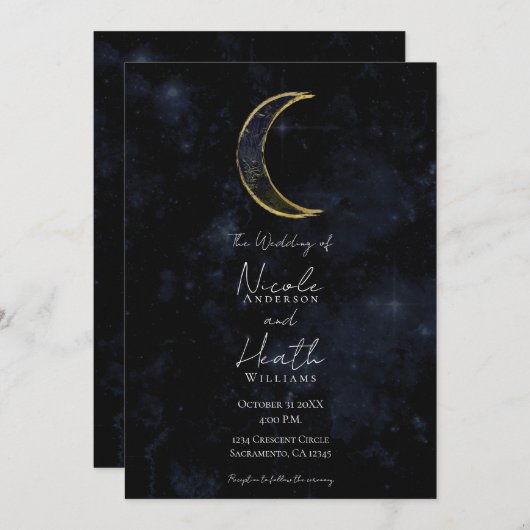 Goldschwarzer Mond Celestial Night Starry Wedding Einladung (Vorne/Hinten)