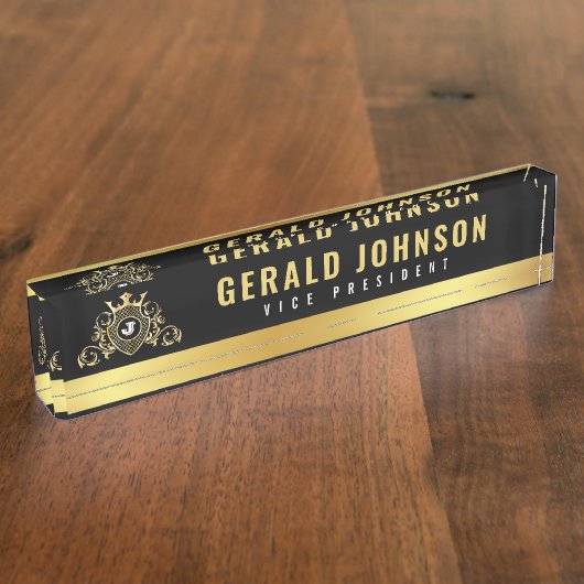 Goldschwarzer Schreibtisch mit Monogramm Namensplakette (Seite)