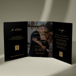 Goldschwarzes Foto Hochzeit RSVP Details QR-Code<br><div class="desc">Moderne, schlichte Typografie-trendige Imitate Goldtypografie schwarz alles in einem Budget Hochzeitseinladungsvorlage mit 2 Fotos, uAwg und Details mit dem Scannen von QR-Codes mit einem schicken angesagten Kalligraphieskript und dunklem Overlay. Einfach mit ein oder zwei benutzerdefinierten Fotos (Sie können das gleiche Foto auf beiden Seiten hochladen) und Gastinformationen personalisieren! Die Einladung...</div>
