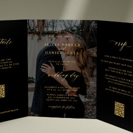 Goldschwarzes Foto Hochzeit RSVP Details QR-Code Dreifach Gefaltete Einladung