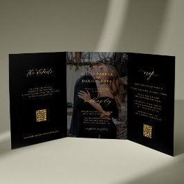 Goldschwarzes Foto Hochzeit RSVP Details QR-Code Dreifach Gefaltete Einladung