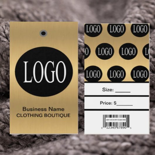 Goldschwarzes Logo mit Bar-Code-Bekleidungspreis-T