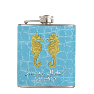 GoldSeepferd-blauer Alligator personifizieren Flachmann