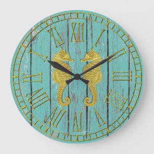 GoldSeepferde Ihr Farbe verwittertes Holz Große Wanduhr