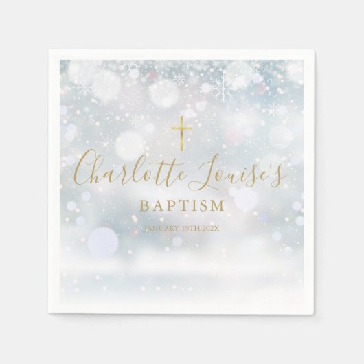 Goldsignatur-Script Wintertaufe Christening Serviette (Vorderseite)
