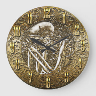 GoldSkeleton Schädel-Vintage Schatz-Münze Große Wanduhr