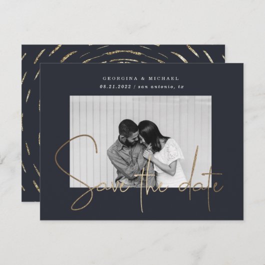Goldskript ein Foto Save the Date Postkarte (Vorne/Hinten)