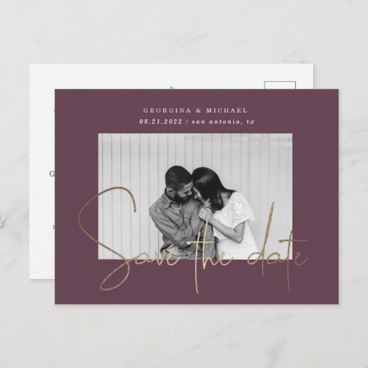 Goldskript ein Foto Save the Date Postkarte (Vorne/Hinten)