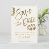 Goldskriptblatt-Hochzeit speichern das Datum Save The Date (Stehend Vorderseite)