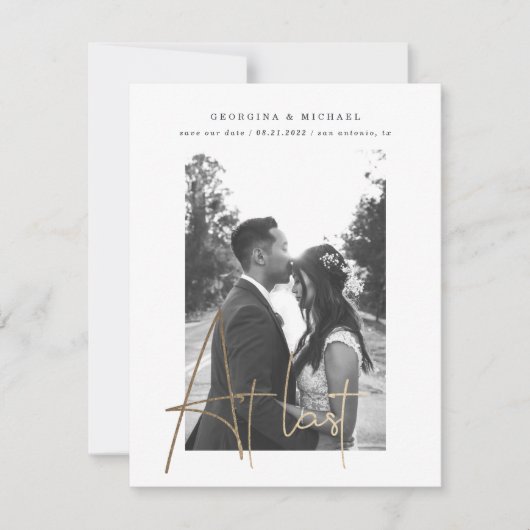 Goldskriptkarte mit einem Foto Verlobung (Vorderseite)