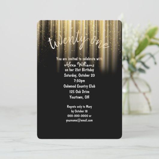 Goldsonnenstrahl-Glitzer 21. Geburtstag Einladung (Stehend Vorderseite)