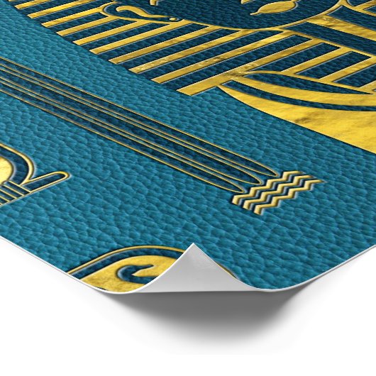 Goldsphinxkopf mit ägyptischen Hieroglyphen auf bl Poster (Ecke)