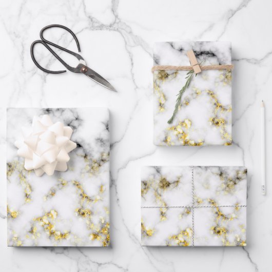 Goldspitzflocken aus schwarzem und weißem Marmor Geschenkpapier Set (Vorderseite)
