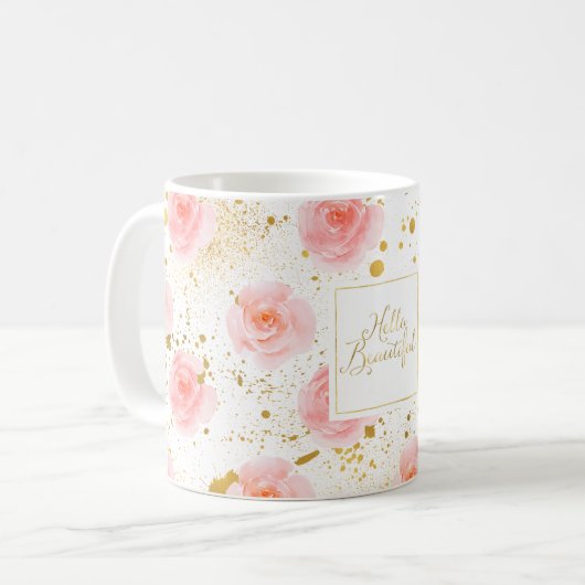 GoldSpritzer-rosa Rosen hallo schön Kaffeetasse (Vorderseite Links)
