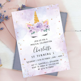 Goldstars Aquamarin Lila Einhornbahn zum Geburtsta Einladung