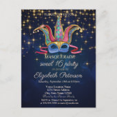 Goldstars, farbenfrohe Maske, Navy Blue Sweet 16 Einladungspostkarte (Vorderseite)