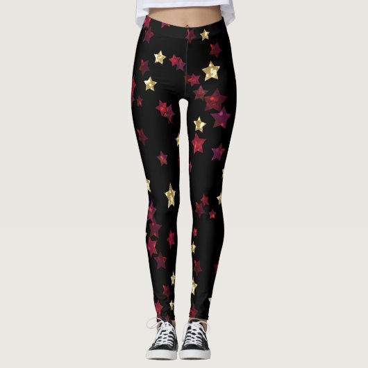 Goldstars, Gold, Schwarz, Rot, Eleganz, Glitzer Leggings (Vorderseite)