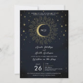 Goldstars Night Celestial Sunburst Moon Hochzeit Einladung (Vorderseite)