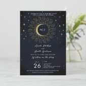 Goldstars Night Celestial Sunburst Moon Hochzeit Einladung (Stehend Vorderseite)