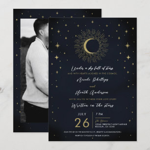 Goldstars Night Celestial Sunburst Moon Hochzeit Einladung