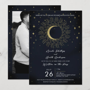 Goldstars Night Celestial Sunburst Moon Hochzeit Einladung