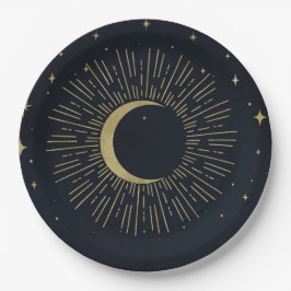 Goldstars Night Celestial Sunburst Moon Hochzeit Pappteller