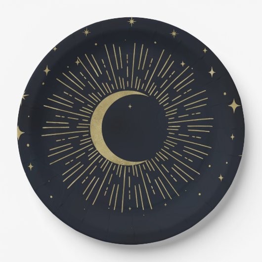 Goldstars Night Celestial Sunburst Moon Hochzeit Pappteller (Vorderseite)